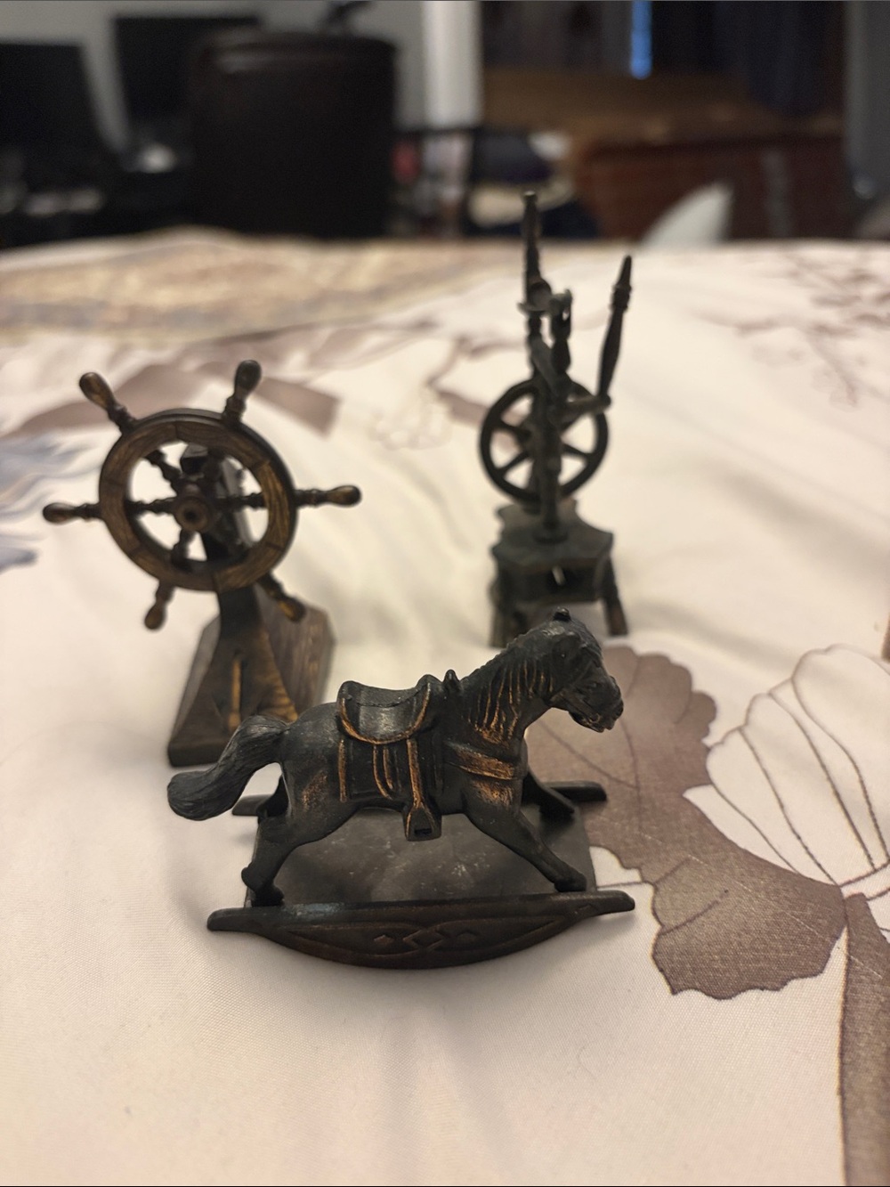 Vintage DieCast Mini Metal Rocking Horse, Ship Steering Wheel, & Spinning Wheel
